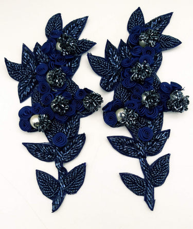 Navy Blue Hand Embroidered Floral Applique, Beaded Floral Motif
